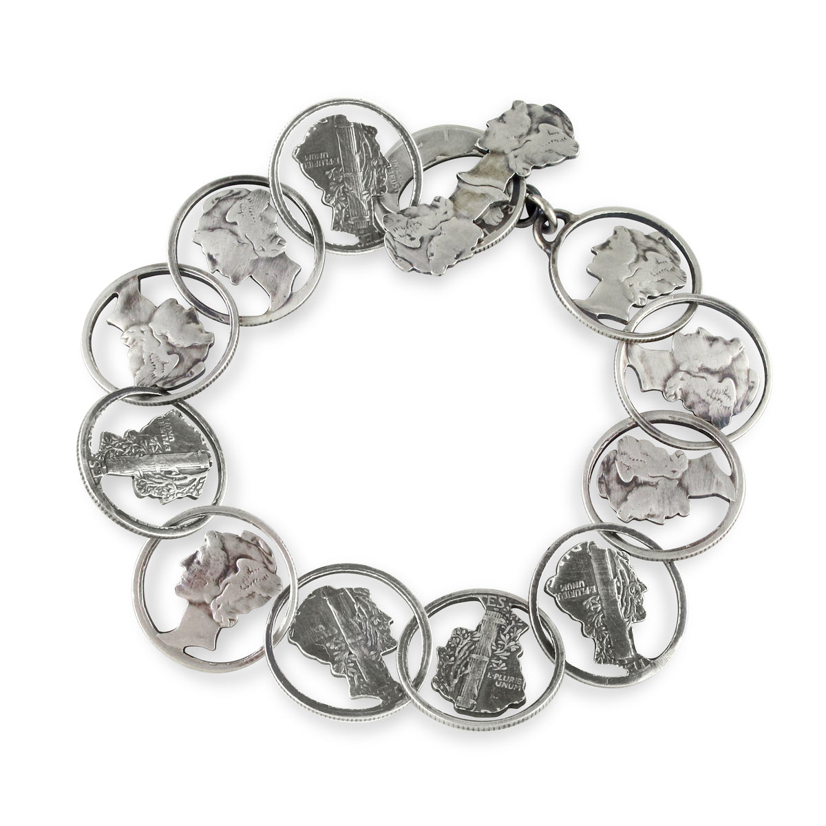 Engraved owl mercury dime attached hotsell to a double chain silver colored bracelet with wing charms